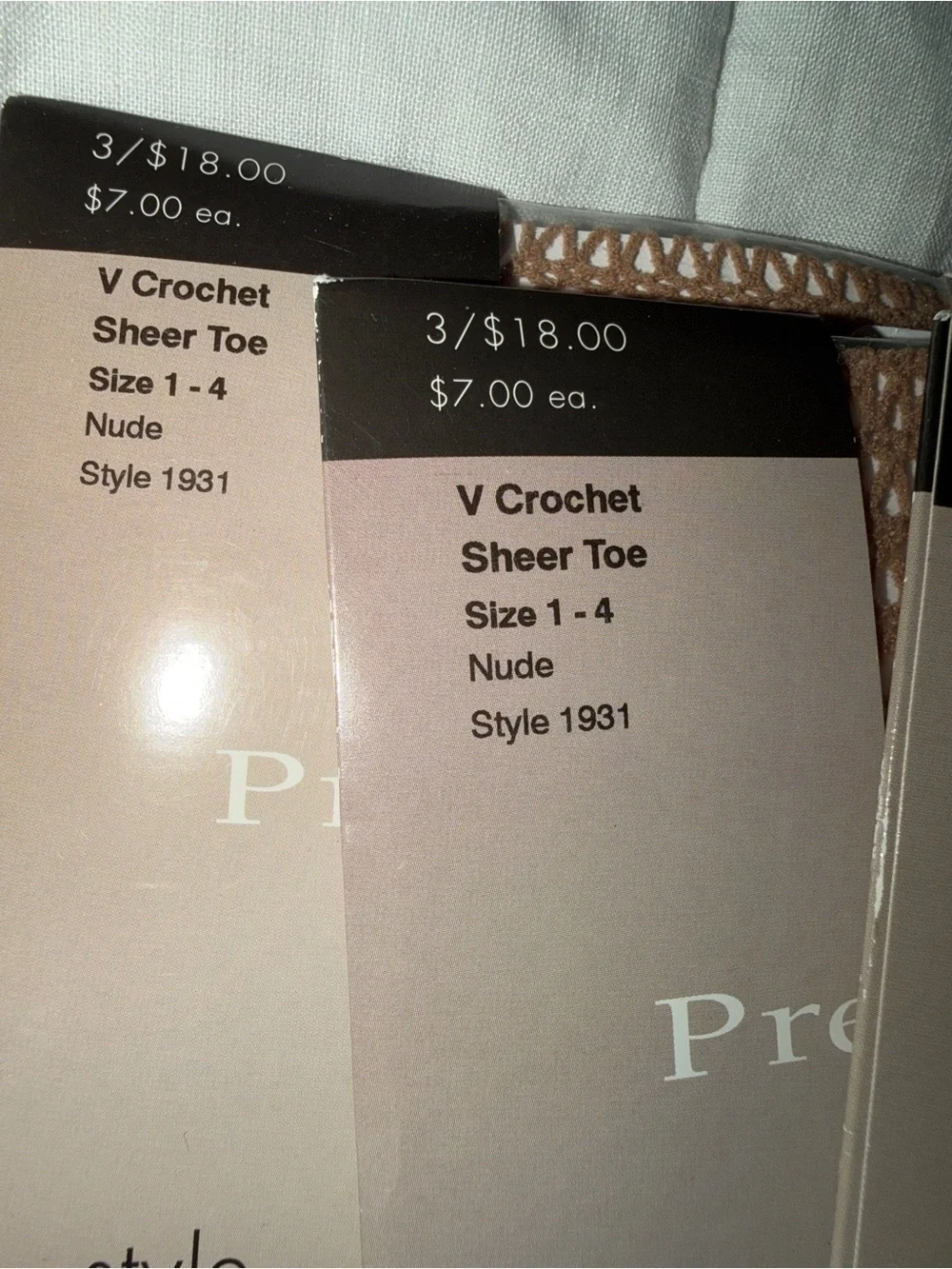 3 Pair Preston & York V Crochet Sheer Toe Nude Tights Fishnet Sexy Lattice NWT